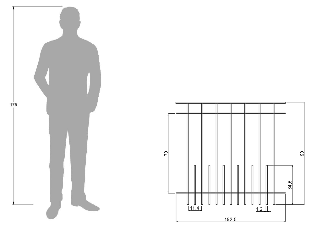 Technische Zeichnung Geländer Perugia 96cm