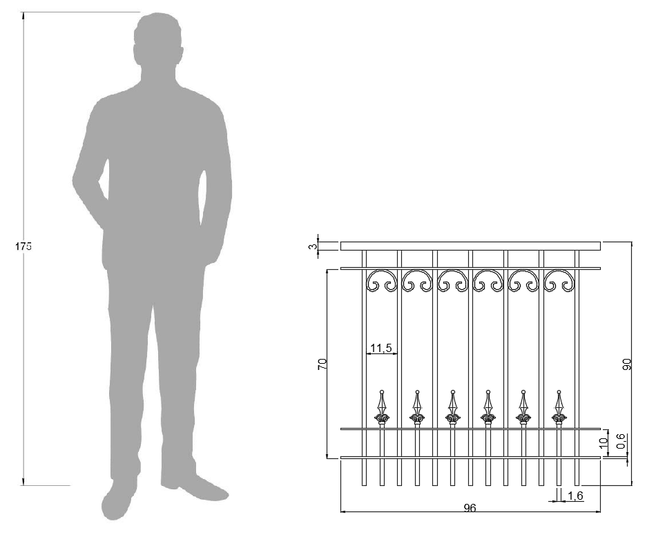 Technische Zeichnung Geländer Lucca 96cm